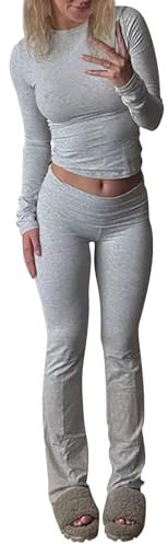 Chanpning Damen Skims Dupe Slim Fit 2 Stück Set Langarm Crop Top und Low Rise Flare Pants Yoga Trainingsanzug Lounge Set
