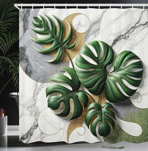 ABAKUHAUS Monstera Duschvorhang, Blätter auf abstraktem Marmor Print Winterflüstern Immergrün und kalte Töne, Stoffliches Gewebe mit Haken, 175 x 180 cm, Blasses Grau Farngrün