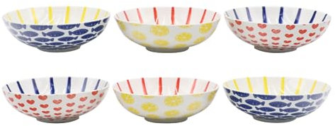 Ard'time - Juego de 6 platos hondos de porcelana con estampados coloridos para verano, capacidad de 1230 ml, apto para lavavajillas y microondas, diseño étnico, colección Le Petit Cabanon