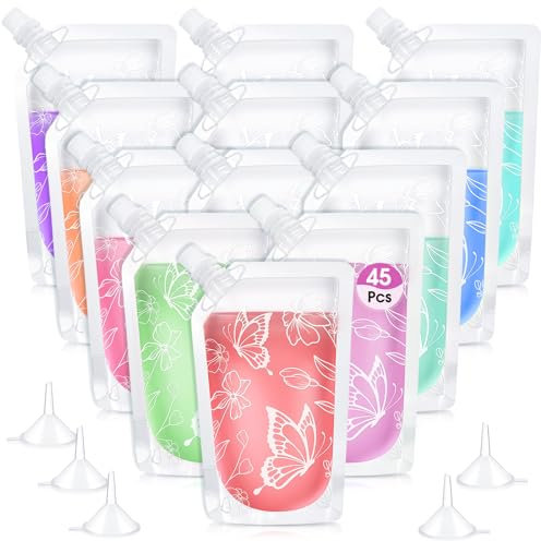 Tiangrid 40 Pcs Plastic Juice Pouches with Straws Bulk 8oz Butterfly Plastic Containers for Hiding Leakproof Translucent Juice Pouches with 5 Funnels for Party Outdoor Sports