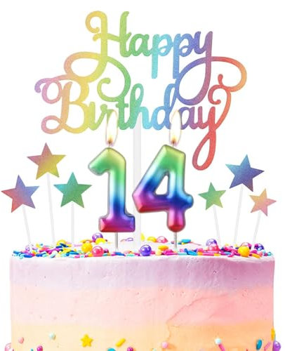 Geburtstagskerze mit der Zahl 10 in Regenbogenfarben, Metallic-Regenbogen-Geburtstagskerzen, Kuchendekoration, Happy 14th Birthday, bunte Kuchenkerzen, Kuchendekoration für Mädchen und Jungen
