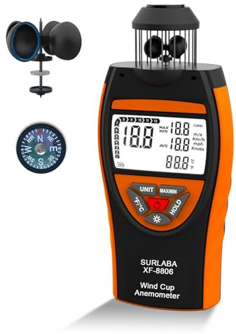 Anémomètre Numérique, 4 Cups Wind Speed Meter 0.7~42m/s, Portable Anemometer Mesurer Vitesse du Vent MAX/MIN/AVG et Température (℃/℉), Air Flux Indicateur avec Boussole pour Drone, Voile, Surf