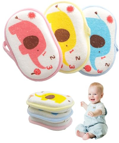 KASESSS 3 Stück Waschlappen Baby Badeschwamm, Waschlappen Kinder Badeschwamm, Elefanten Duschschwamm, Badeschwamm Hautfreundlich, Cartoon-Design Duschschwamm Körper für Fröhlichen Badespaß, Supersoft