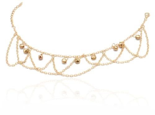 Goldene Damen Fußkette, 14K vergoldet - Boho Perlen mit mehreren Schichten, wasserfest und verstellbar. Ein Set aus Strand-Fußschmuck für Frauen und Mädchen mit Glöckchen.