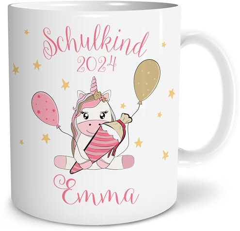 OWLBOOK® Personalisierte Tasse für Kinder mit Namen | Einschulung Junge | Einschulung Mädchen | Einschulungs Geschenk Jungen Mädchen personalisiert | Einhorn | Keramik 300 ml