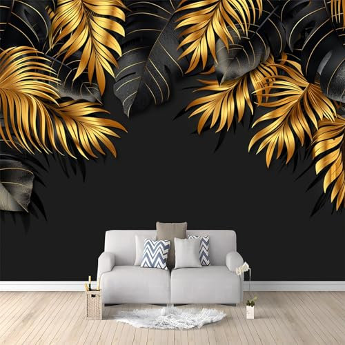 Papier Peint Style Planter Des Feuilles De Palmier Intissé, Noir Et Or Panoramique 3D Papier Mural 200 x 140 cm Luxueux poster geant Décoration murale fond Papier peint pour différentes pièces