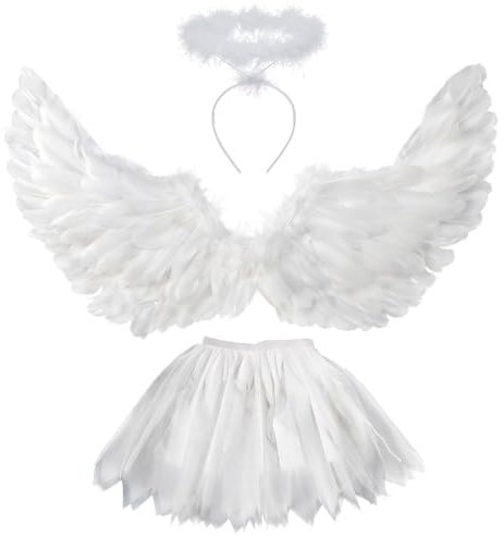 Sunshine Smile Disfraz de Ángel Blanco Para Adulto - 3 Unidades, Falda de Tul 70-110 cm, Alas Para Mujer, Falda Tutú