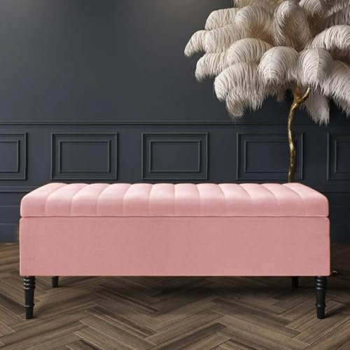 Safar Striped Ottoman Storage Bench, End of Bed Bench with Legs, Entryway Bench with Storage, Shoe Storage Ottoman Box, Rectangle Storage Footstool (Pink Velvet, 4ft6 (137x40x50)CM)