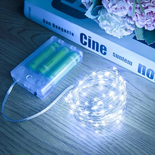 Fairy Lights, 2 Pack 100 LED Battery Operated String Lights Silver Wire Light for Indoor Outdoor Lighting, Bedroom, Wedding Decor, Party, Christmas, Tree Decoration(10M/33ft, Pure White)