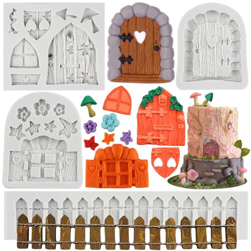 MYPRACS Enchanted Vintage Fairy Garden Fairy Gnome Home Door Silicone Chocolate Fondant Moulds Picket Fence Silicone Moulds for Cake Decorating Cupcake Topper Polymer Clay Gum Paste Set of 4