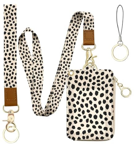 bolimoss Porte-badge en cuir avec dragonne amovible et cordon tour de cou, 5 emplacements pour cartes, fermeture éclair