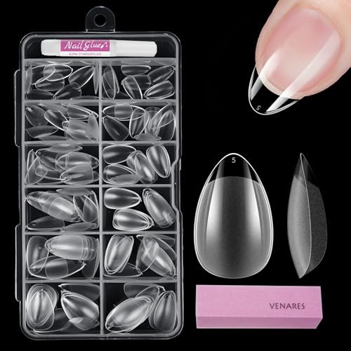 Capsule Americaine Ongle Amande Court, Venares 120 Pièces Capsules Ongles 12 Tailles Pose Americaine Ongle avec Colle, Blocs, Faux Capsules Amande Court-XS