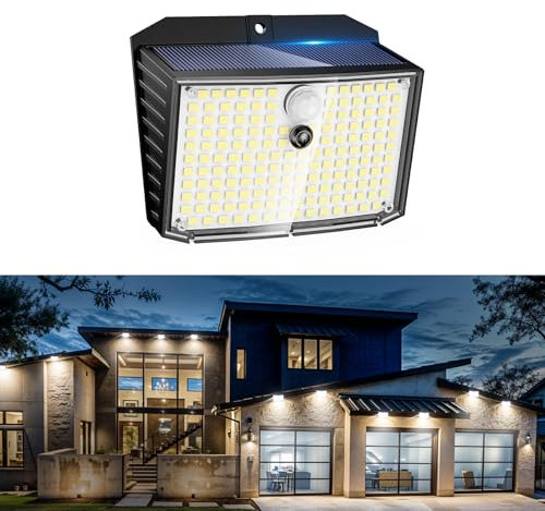 Solarlampen für Außen mit Bewegungsmelder, 1 Stück 158 LED Solarleuchten Solar Strahler Aussenleuchte Wandleuchte, IP65 Wasserdichte Außenbeleuchtung Solar 3 Modi für Garten Patio Hof Garage Haustür