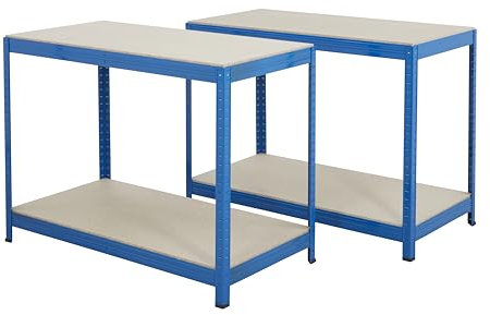 BiGDUG Essentials 2x Industrial Workbench - 900H x 1800W x 600D mm - 2-Tier Blue Steel Chipboard Workstation - Up To 300kg Load Per Level