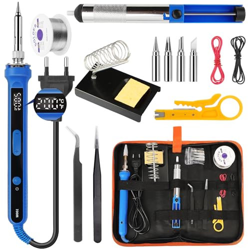 Ltkolben Set 100W, LED Ltkolben mit Temperaturregelung 180-520C, Soldering Kit mit Ein/Aus Schalter, 50g Ltdraht, 5 Ltspitzen,Entltpumpe,Ltkolbenstnder, Pinzette,Digitalmultimeter (14PCS)