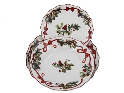 Royal Family Servizio Piatti di Natale Decoro Pettirossi e fiocchetti per 6 posti tavola (18 Pezzi) in Porcellana Lucente e Resistente Christmas Bird
