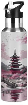 Mexpekil Bouteille d'eau isotherme en acier inoxydable avec couvercle à paille - Motif paysage japonais rose - 600 ml