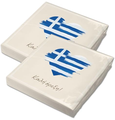 itenga 40x Servietten Griechenland Flagge Herz 30x30 cm 3-lagig – Καλή όρεξη! – passend für griechische Tischdeko
