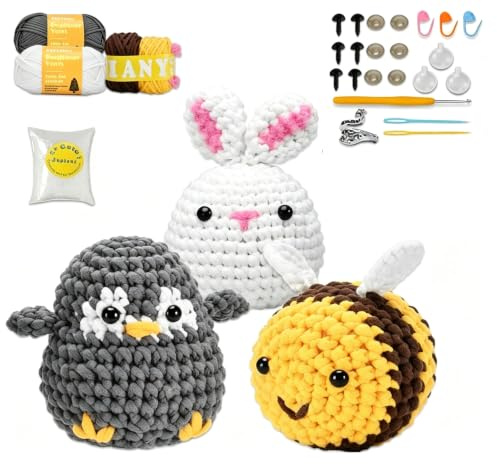 Häkelset für Anfänger, Katze Häkeln Tier Kit, Häkeln Starter Kit Schritt für Schritt Video Tutorials, Anfänger Häkelset für Erwachsene, Cosplay Tier Strickset Kaninchen Biene Pinguin Häkelset (B)