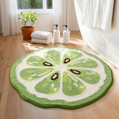 WREWING Fruit Round Rug 2ft, Vibrant Lime Slice Round Bath Mat with Soft & Non-Slip, Ultra Absorbent Microfiber Shaggy Rug, Machine Washable Floor Mat for Bathroom Kitchen Bedroom 24 * 24in (Lime)
