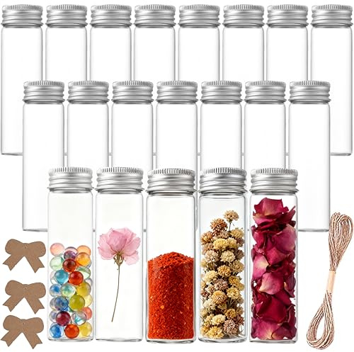 Ksnowqi 20 Pièces Tubes à Essai en Verre avec Bouchon à vis 50ml, Petite Verre Bouteille Sensorielle, Bouteille Sensorielle Vide Eprouvette Transparent pour Fleurs