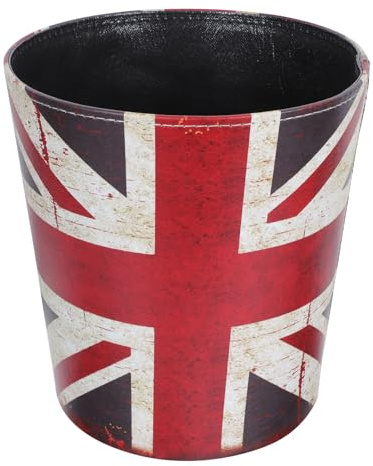 TOYANDONA Large European Style Leather Waste Bin Vintage Union Jack Design, Open Household Trash Can for Kitchen, Bedroom, Office – Retro Waste Paper Basket, Storage Container