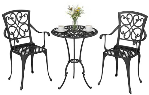 Outsunny 3-teiliges Garten Bistro Set runder Bistrotisch mit 2 Stühlen Sonnenschirmloch, Antik Bistro Gartenmöbel aus Aluminiumguss, Balkonmöbel Set Outdoor Balkonset für Garten Terrasse Schwarz