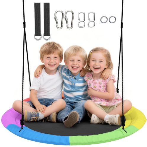 AIYAPLAY Nestschaukel Höhenverstellbar Ø 100 cm bis zu 300kg Mehrfarbig | Hängeschaukel, Gartenschaukel mit Verstellbaren Seilen Baumgurten, Tellerschaukel für 3-8 Jahre Kinder, für Outdoor & Indoor