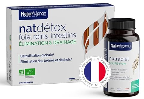 NaturAvignon Lot Détox & Satiété | Détox Foie Reins Intestins + Coupe Faim Caroube Nopal | Drainage, Digestion, Contrôle de l’Appétit, Gestion du Poids | Fabriqué en France