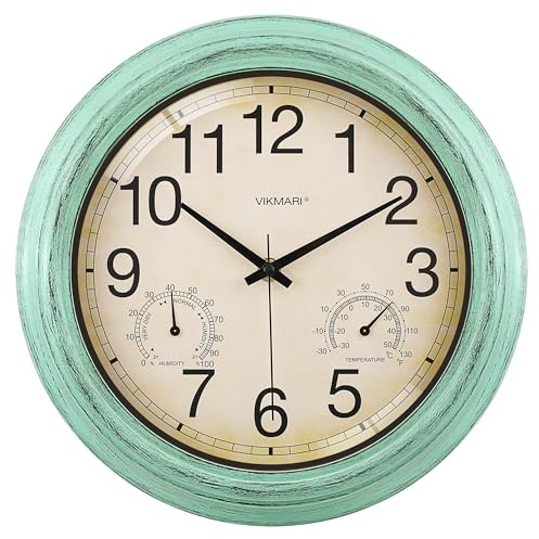 VIKMARI Gartenuhr Wetterfest, Outdoor Uhr Garten Wasserfest, Rostgrün | Wasserdichte 30cm Gartenuhr in Rostgrün mit Thermometer & Hygrometer. Leises Vintage-Design, ideal für Garten und Balkon.