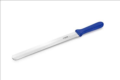 thermohauser Couteau de boulanger (acier inoxydable), dentelé et plat des deux côtés, avec manche en plastique bleu, lame de 31 cm, manche bleu