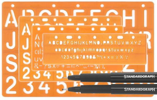 Schablonen- Set mit je einer Standardschrift 5-10-15-20 mm mit Fineliner 0,1/0,8