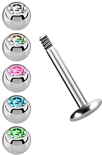 Labret Stecker Titan Piercing Set 1,2 mm, wählbar in 6, 7, 8, 9, 10 mm Länge mit 5 Stein Kugeln