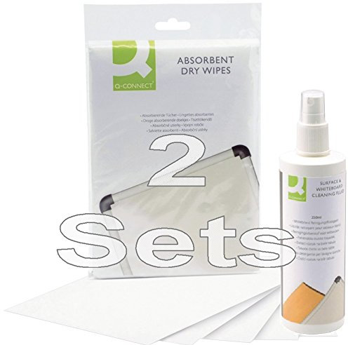 Doppelpack Q Connect Whiteboard Reinigungsset | Whiteboard-Reinigungstücher mit Whiteboard-Reinigungsflüssigkeit [250 ml] zur Grundreinigung von Schreib- und Planungstafeln (2, Set Tücher + Reinger)