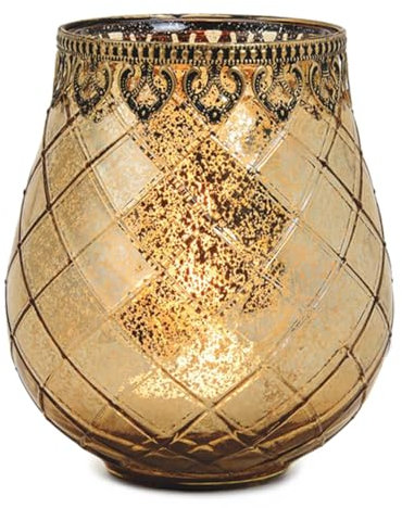Vintage Kerzenglas Windlicht gold in 18 cm - Modernes Windlichtglas als Kerzenständer Laterne und Teelichthalter - Boho Kerzenhalter Teelichtglas für Wohnzimmer Tisch-Deko, Balkon, Hochzeit