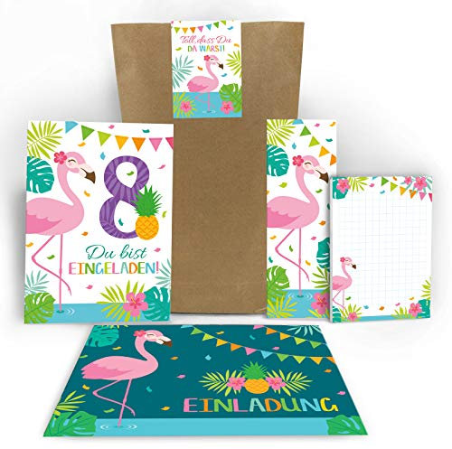 Junaversum 12 Einladungskarten zum 8. Geburtstag Kinder achte Kindergeburtstag Mädchen Flamingo incl. 12 Umschläge, 12 Tüten, 12 Aufkleber, 12 Lesezeichen, 12 Blöcke