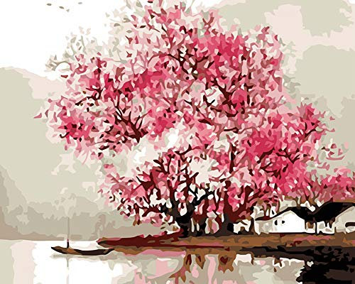 YEESAM ART DIY Ölgemälde Malen nach Zahlen Erwachsene Kinder, Rosa Kirschblüte Baum Zahlenmalerei ab 5 Öl Wandkunst (Rosa, Ohne Rahmen)