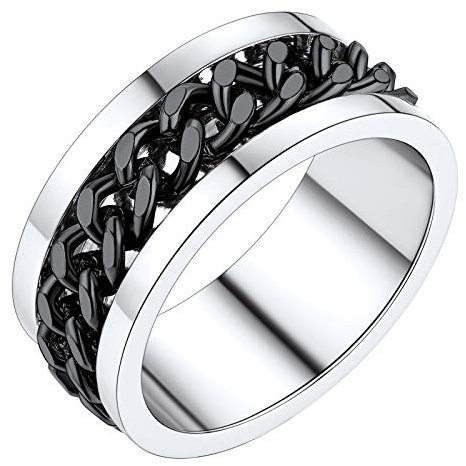 PROSTEEL Hip Hop Zwei-Ton Ringe Edelstahl Größe 62 schwarz Spinner Kette Ring drehbarer Bandring Biker Ring 8mm breit für Männer Jungen Modeschmuck Accessoire für Party