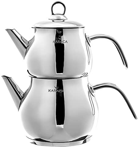KARACA Layla Turkish Tea Pot Set, 1 Lt 2.2 lb Teapot & 1.75 Lt 3.85 lb Kettle, 18/10 Stainless Steel, Tea Sieve, Turkish Tea Maker, Double Teapots, 2 Years Warranty, Durable, Metal, Induction Safe