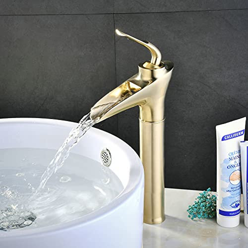 SHUNLI Robinet Salle de Bain Or Brossé Cascade Haut Robinets de Lavabo en Laiton Massif,Antique Rétro Mitigeur évier Lavabo,Chaude et Froide Réglable,Valve en Céramique