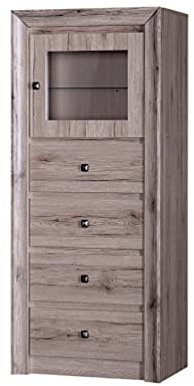 Furniture24 Hoche Kommode Mars MR7 Schrank Wohnzimmerschrank Schubladenkommmode Schubladenschrank 1 Glastür 4 Schubladen Eiche Sanremo dunkel