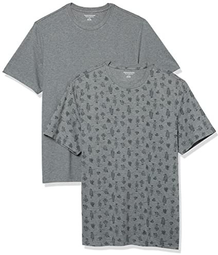 Amazon Essentials Herren Kurzärmeliges T-Shirt mit Rundhalsausschnitt aus Baumwolle – Regular Fit, 2er-Pack, Grau Meliert/Kaktus, XXL