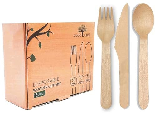 Woodgrid 150pcs Disposable Cutlery Set - 6.29 inches 50x Wooden Spoons, 50x Wooden Forks & 50x Wooden Knives Reusable, & Biodegradable Travel Cutlery Set for Kids, Parties, Camping, Weddings & Picnic