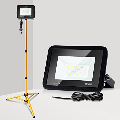 Ikodm LED Baustrahler mit Stativ, 20W Arbeitsleuchte 8500LM 6000K Kaltweiß LED Fluter Floodlight inkl. 1m Kabel, IP66 Wasserdicht Flutlichtstrahler Scheinwerfer Bauscheinwerfer(kein Stecker)