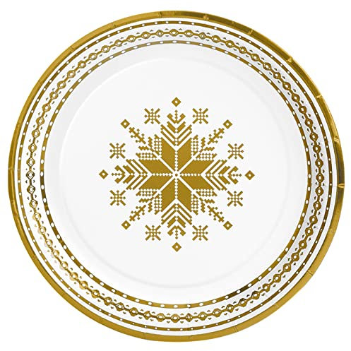 8 Unidades - Platos Desechables Postre Cartón de Ø 18 cm con Temática Navideña con Bordado Oro. Platos Cartón Biodegradables Navidad, 100% Reciclables. Perfectos para Celebraciones y Eventos.