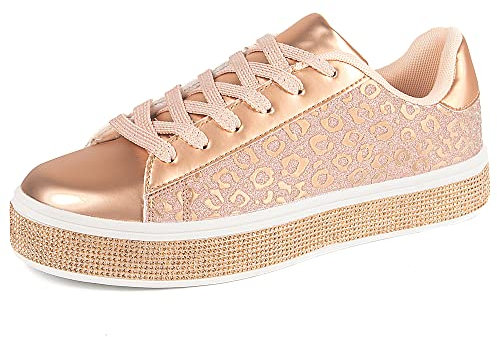 UUBARIS Damen-Tennis-Sneaker, glitzernd, neonfarben, glitzernd, Strass, Bling, Hochzeit, Brautschuhe, glänzende Paillettenschuhe, Rosegold Leopard Print Glitter, 38.5 EU
