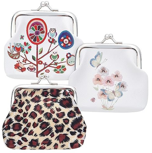 GORGECRAFT 3 Styles Imprimé Porte-Monnaie Kiss Lock Porte-Monnaie Rétro Léopard Oiseaux Floral Papillon Change Portefeuille Double Fermoir Fermeture Tissu Sac à Main pour Femmes Cartes de Crédit Cash