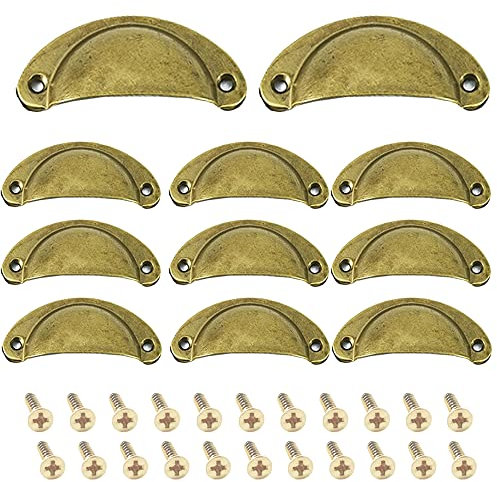 Ruidee 12 Picecs Shell Cup Handles Vintage Half Moon Drawer Pull Handle with Screws for Cabinet Cupboard Dresser Wardrobe Drawer (Brass)