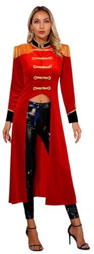 inlzdz Déguisement Cirque Femme Smoking Costume Monsieur Loyal Manteau Médiéval Gothique Cape Magicien Longue Veste de Fanfare Parade S-3XL A Rouge M