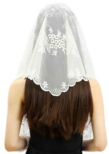 RUNRAYAY White Catholic Church Mantilla Veil, Vintage Christian Latin Mass Head Covering Spanish Lace Chapel Veils for Women, Style 4